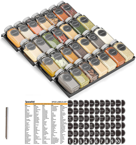Spice Drawer Organizer with 28 Spice Jars, 386 Spice Labels, 4 Tier Seasoning Rack Tray Insert for Kitchen Drawers, 13" Wide X 17.5" Deep