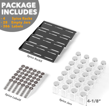 Spice Drawer Organizer with 28 Spice Jars, 386 Spice Labels, 4 Tier Seasoning Rack Tray Insert for Kitchen Drawers, 13" Wide X 17.5" Deep